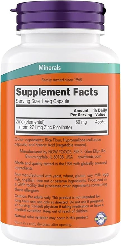 Now Foods Zinkpicolinat 50 mg – 240 Kapseln, Unterstützt Enzymfunktionen & Immunsystem, Nicht-GVO, Koscher, Vegan
