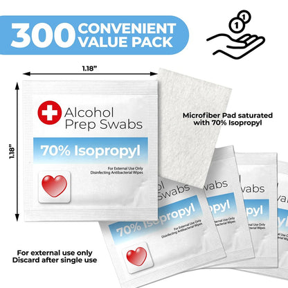 Alkoholtupfer einzeln verpackt - 300 Stück Isopropyl-Alkoholtupfer, Alkohol-Prep-Pads, ideal für Zuhause, medizinische Zwecke und Erste-Hilfe-Sets, einzeln verpackte Tupfer