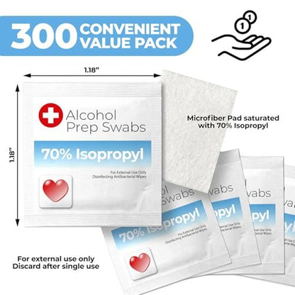 Alkoholtupfer einzeln verpackt - 300 Stück Isopropyl-Alkoholtupfer, Alkohol-Prep-Pads, ideal für Zuhause, medizinische Zwecke und Erste-Hilfe-Sets, einzeln verpackte Tupfer