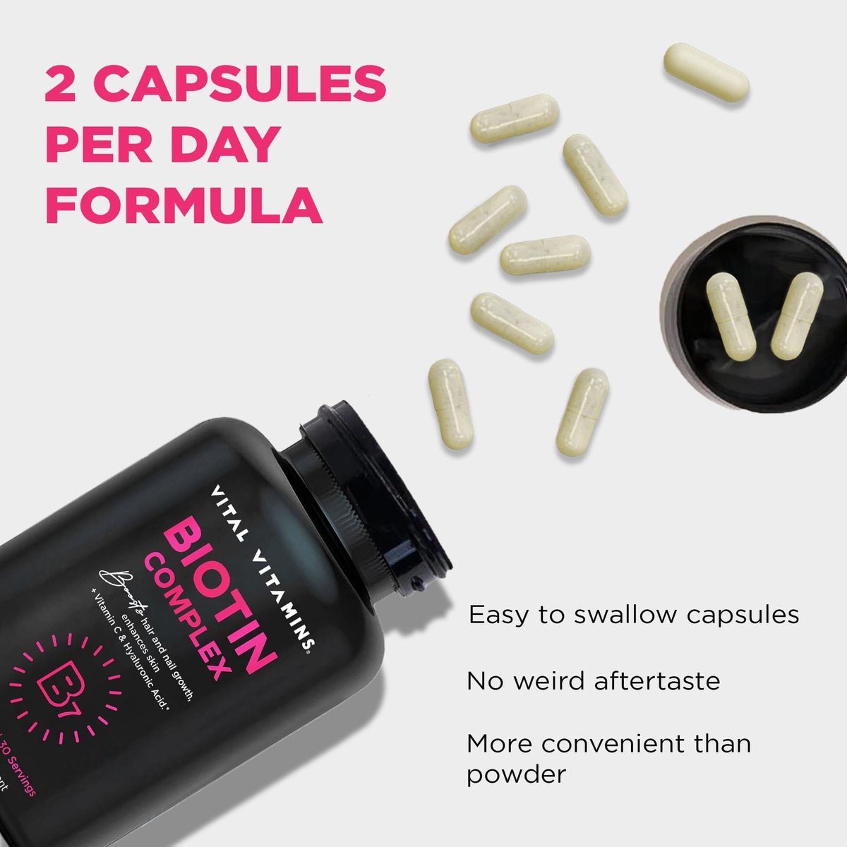 Vital Vitamins Biotin-Komplex Kapseln – mit Hyaluronsäure, MSM, Kollagen & Vitamin C – Nahrungsergänzungsmittel für Haar, Haut & Nägel – 60 Kapseln
