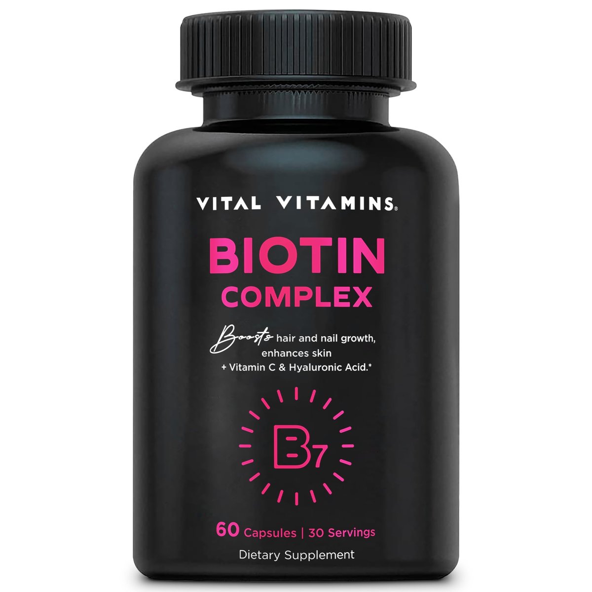 Vital Vitamins Biotin-Komplex Kapseln – mit Hyaluronsäure, MSM, Kollagen & Vitamin C – Nahrungsergänzungsmittel für Haar, Haut & Nägel – 60 Kapseln