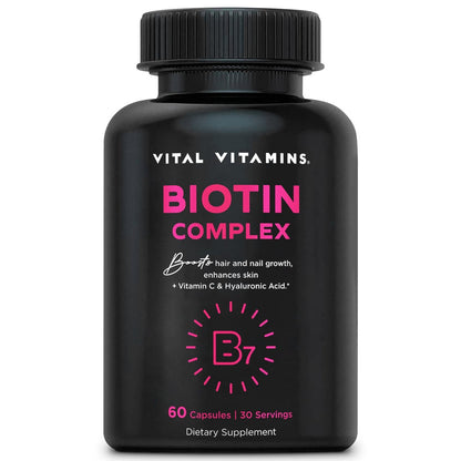 Vital Vitamins Biotin-Komplex Kapseln – mit Hyaluronsäure, MSM, Kollagen & Vitamin C – Nahrungsergänzungsmittel für Haar, Haut & Nägel – 60 Kapseln