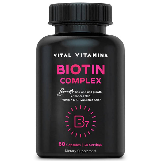 Vital Vitamins Biotin-Komplex Kapseln – mit Hyaluronsäure, MSM, Kollagen & Vitamin C – Nahrungsergänzungsmittel für Haar, Haut & Nägel – 60 Kapseln