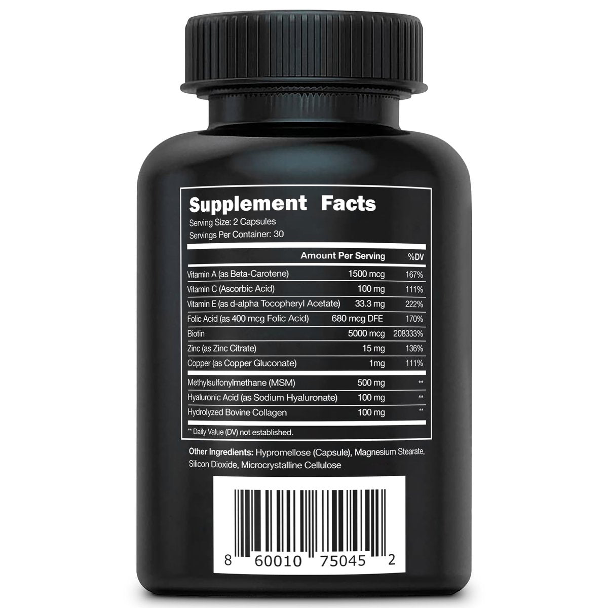 Vital Vitamins Biotin-Komplex Kapseln – mit Hyaluronsäure, MSM, Kollagen & Vitamin C – Nahrungsergänzungsmittel für Haar, Haut & Nägel – 60 Kapseln
