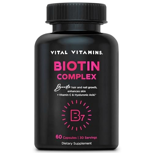 Vital Vitamins Biotin-Komplex Kapseln – mit Hyaluronsäure, MSM, Kollagen & Vitamin C – Nahrungsergänzungsmittel für Haar, Haut & Nägel – 60 Kapseln