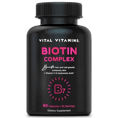 Vital Vitamins Biotin-Komplex Kapseln – mit Hyaluronsäure, MSM, Kollagen & Vitamin C – Nahrungsergänzungsmittel für Haar, Haut & Nägel – 60 Kapseln