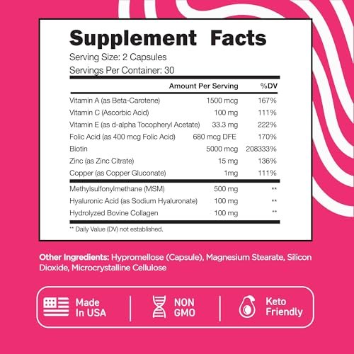 Vital Vitamins Biotin-Komplex Kapseln – mit Hyaluronsäure, MSM, Kollagen & Vitamin C – Nahrungsergänzungsmittel für Haar, Haut & Nägel – 60 Kapseln