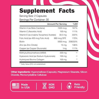 Vital Vitamins Biotin-Komplex Kapseln – mit Hyaluronsäure, MSM, Kollagen & Vitamin C – Nahrungsergänzungsmittel für Haar, Haut & Nägel – 60 Kapseln