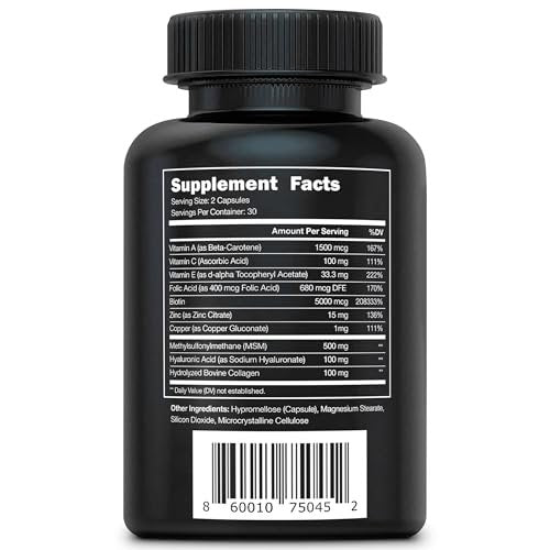 Vital Vitamins Biotin-Komplex Kapseln – mit Hyaluronsäure, MSM, Kollagen & Vitamin C – Nahrungsergänzungsmittel für Haar, Haut & Nägel – 60 Kapseln