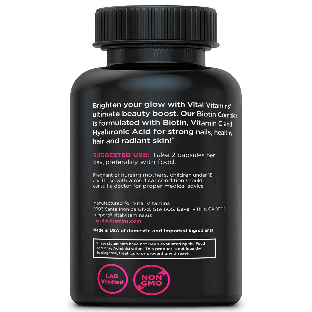 Vital Vitamins Biotin-Komplex Kapseln – mit Hyaluronsäure, MSM, Kollagen & Vitamin C – Nahrungsergänzungsmittel für Haar, Haut & Nägel – 60 Kapseln