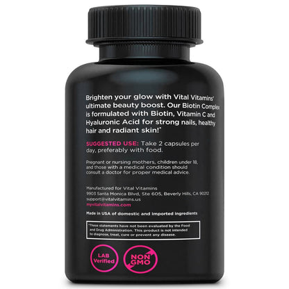 Vital Vitamins Biotin-Komplex Kapseln – mit Hyaluronsäure, MSM, Kollagen & Vitamin C – Nahrungsergänzungsmittel für Haar, Haut & Nägel – 60 Kapseln