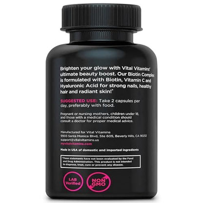 Vital Vitamins Biotin-Komplex Kapseln – mit Hyaluronsäure, MSM, Kollagen & Vitamin C – Nahrungsergänzungsmittel für Haar, Haut & Nägel – 60 Kapseln