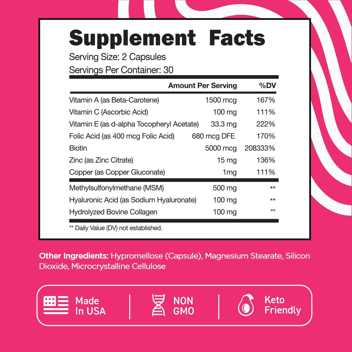 Vital Vitamins Biotin-Komplex Kapseln – mit Hyaluronsäure, MSM, Kollagen & Vitamin C – Nahrungsergänzungsmittel für Haar, Haut & Nägel – 60 Kapseln