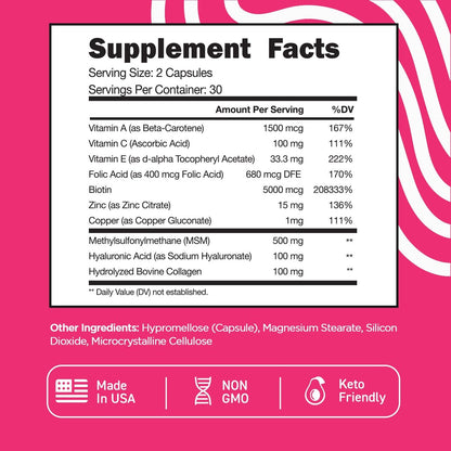 Vital Vitamins Biotin-Komplex Kapseln – mit Hyaluronsäure, MSM, Kollagen & Vitamin C – Nahrungsergänzungsmittel für Haar, Haut & Nägel – 60 Kapseln