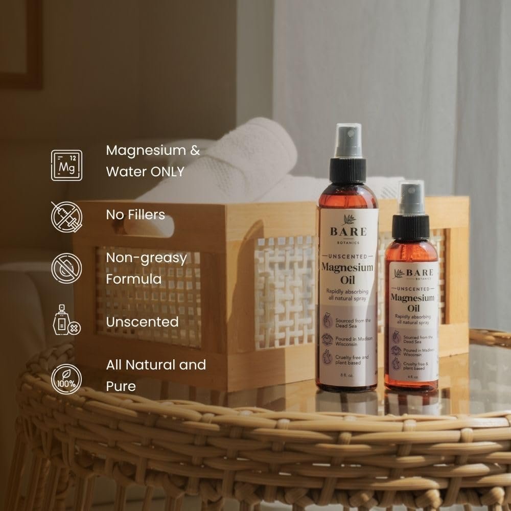 Bare Botanics Magnesiumöl Spray 4oz Ungiftig | Topisches Magnesiumchlorid-Mist aus dem Toten Meer | Handgefertigt in Madison, WI