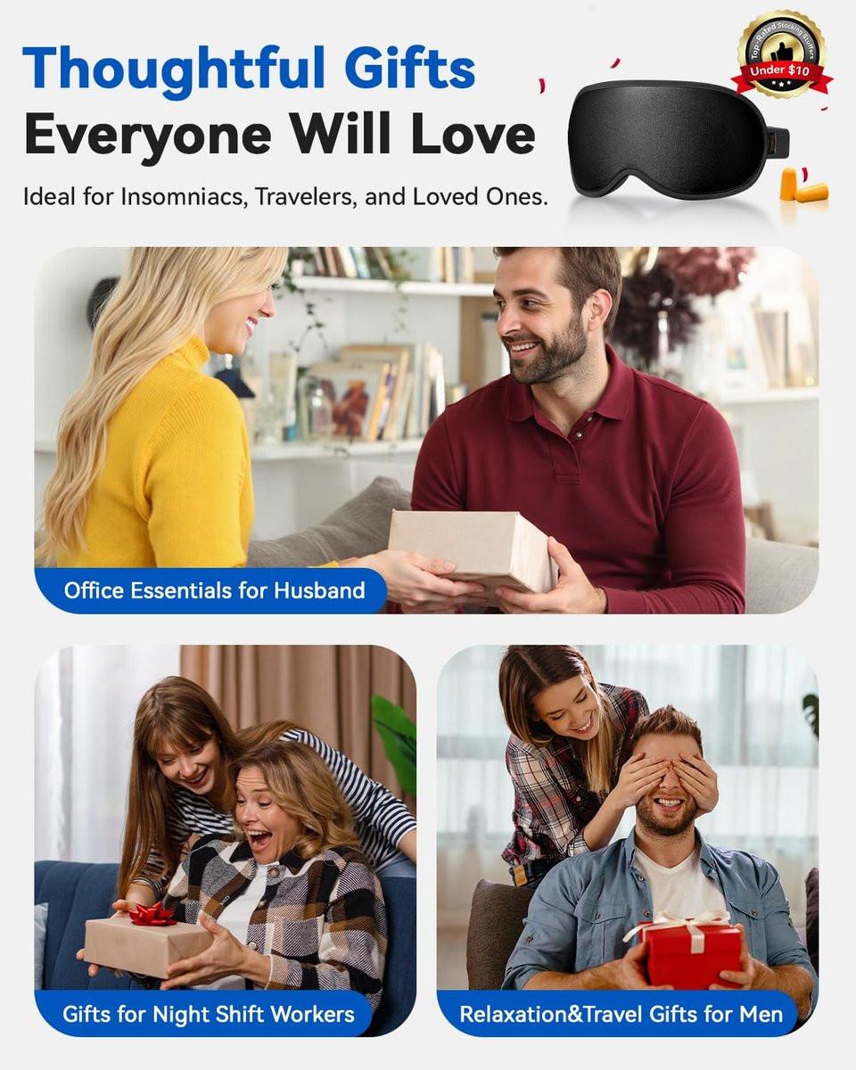 Gewichtete Schlafmaske für Männer mit 3D-Kontur, Null Augenbelastung, Wimpernfreundliche Vertiefungen, Verstellbarer Gleitverschluss, Büro-Nickerchen & Geschäftsreise-Unverzichtbar, Entspannungsgeschenk für Ihn (Schwarz)