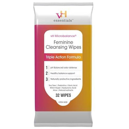 vH essentials Feminin-Reinigungstücher 32 Stk. pH-ausgeglichen, mit Präbiotika, Teebaum & Aloe, beruhigender Hamamelis, geruchsblockierende Formel, für vaginale und perianale Pflege, paraben-, alkohol- und duftstofffrei