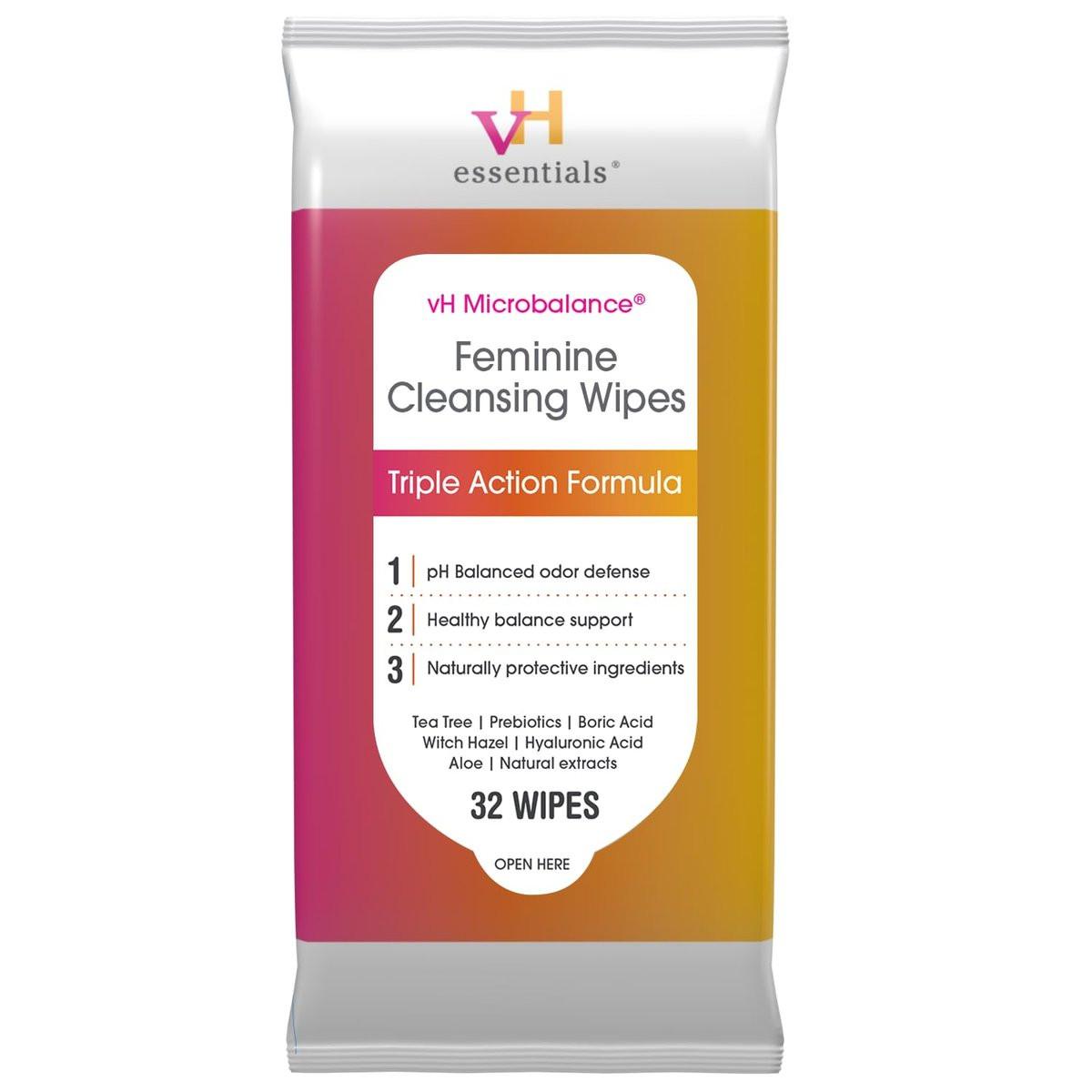 vH essentials Feminin-Reinigungstücher 32 Stk. pH-ausgeglichen, mit Präbiotika, Teebaum & Aloe, beruhigender Hamamelis, geruchsblockierende Formel, für vaginale und perianale Pflege, paraben-, alkohol- und duftstofffrei