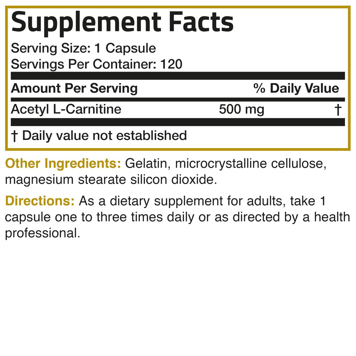Bronson Acetyl-L-Carnitin 500 mg Hochpotenz Aminosäure - Non-GMO, 120 Kapseln