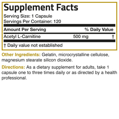 Bronson Acetyl-L-Carnitin 500 mg Hochpotenz Aminosäure - Non-GMO, 120 Kapseln