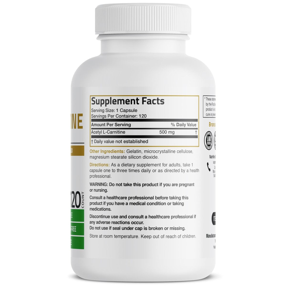 Bronson Acetyl-L-Carnitin 500 mg Hochpotenz Aminosäure - Non-GMO, 120 Kapseln