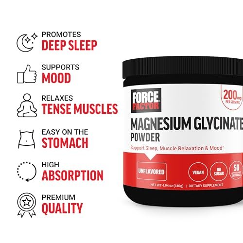 Force Factor Magnesium Glycinat 200mg – Hochdosiertes Magnesium für Schlaf, Muskelentspannung und Stimmung, vegan, 50 Portionen