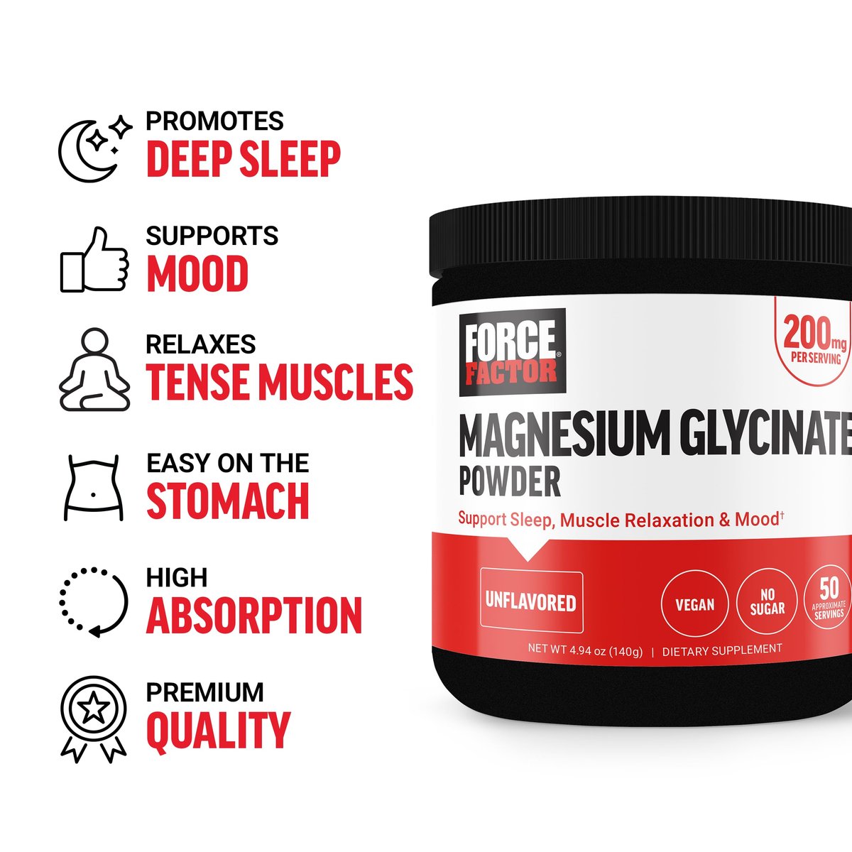 Force Factor Magnesium Glycinat 200mg – Hochdosiertes Magnesium für Schlaf, Muskelentspannung und Stimmung, vegan, 50 Portionen