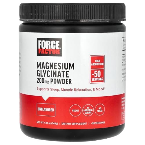 Force Factor Magnesium Glycinat 200mg – Hochdosiertes Magnesium für Schlaf, Muskelentspannung und Stimmung, vegan, 50 Portionen
