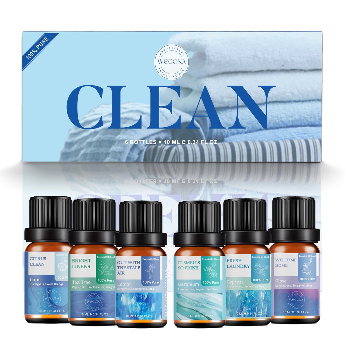 Wecona Ätherische Öle für die Wäsche – 100% reine Aromaöle für Diffuser und Zuhause, 6x10 ml (Clean) – Aromatherapie-Öle für Luftbefeuchter, Wolltrocknerbälle, saubere Wäsche