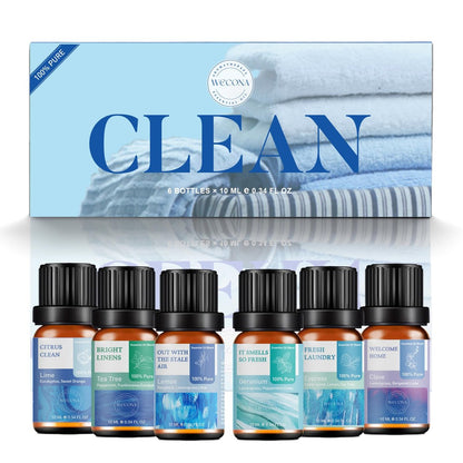 Wecona Ätherische Öle für die Wäsche – 100% reine Aromaöle für Diffuser und Zuhause, 6x10 ml (Clean) – Aromatherapie-Öle für Luftbefeuchter, Wolltrocknerbälle, saubere Wäsche