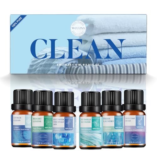 Wecona Ätherische Öle für die Wäsche – 100% reine Aromaöle für Diffuser und Zuhause, 6x10 ml (Clean) – Aromatherapie-Öle für Luftbefeuchter, Wolltrocknerbälle, saubere Wäsche