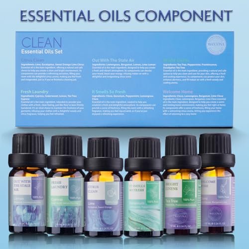 Wecona Ätherische Öle für die Wäsche – 100% reine Aromaöle für Diffuser und Zuhause, 6x10 ml (Clean) – Aromatherapie-Öle für Luftbefeuchter, Wolltrocknerbälle, saubere Wäsche