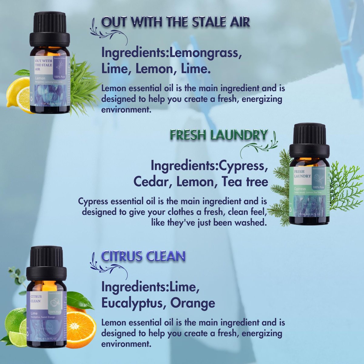 Wecona Ätherische Öle für die Wäsche – 100% reine Aromaöle für Diffuser und Zuhause, 6x10 ml (Clean) – Aromatherapie-Öle für Luftbefeuchter, Wolltrocknerbälle, saubere Wäsche