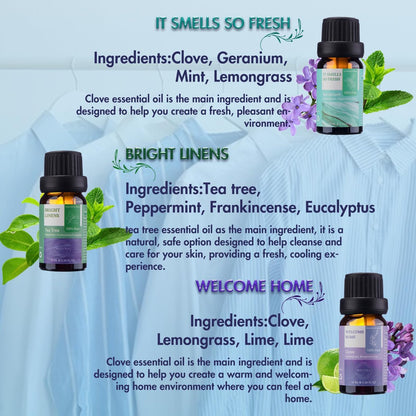 Wecona Ätherische Öle für die Wäsche – 100% reine Aromaöle für Diffuser und Zuhause, 6x10 ml (Clean) – Aromatherapie-Öle für Luftbefeuchter, Wolltrocknerbälle, saubere Wäsche