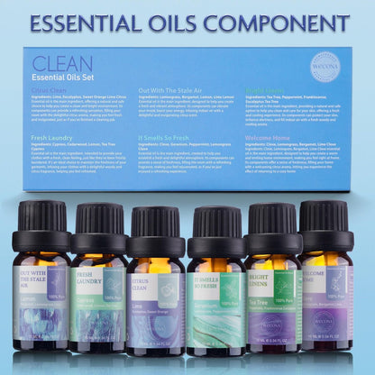Wecona Ätherische Öle für die Wäsche – 100% reine Aromaöle für Diffuser und Zuhause, 6x10 ml (Clean) – Aromatherapie-Öle für Luftbefeuchter, Wolltrocknerbälle, saubere Wäsche