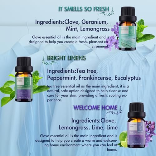 Wecona Ätherische Öle für die Wäsche – 100% reine Aromaöle für Diffuser und Zuhause, 6x10 ml (Clean) – Aromatherapie-Öle für Luftbefeuchter, Wolltrocknerbälle, saubere Wäsche