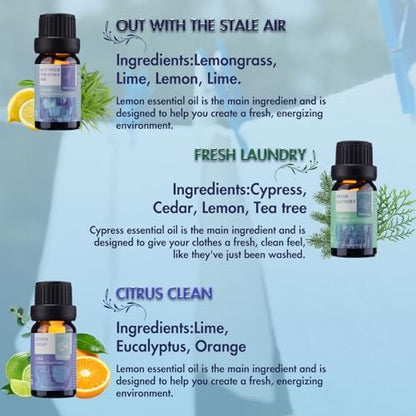 Wecona Ätherische Öle für die Wäsche – 100% reine Aromaöle für Diffuser und Zuhause, 6x10 ml (Clean) – Aromatherapie-Öle für Luftbefeuchter, Wolltrocknerbälle, saubere Wäsche