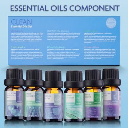 Wecona Ätherische Öle für die Wäsche – 100% reine Aromaöle für Diffuser und Zuhause, 6x10 ml (Clean) – Aromatherapie-Öle für Luftbefeuchter, Wolltrocknerbälle, saubere Wäsche