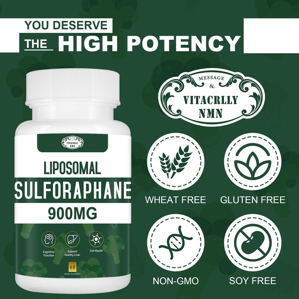 900 mg Liposomales Sulforaphan Präparat Brokkoli Extrakt – Antioxidans, Leberunterstützung, Verdauung, Zellgesundheit – 60 Kapseln