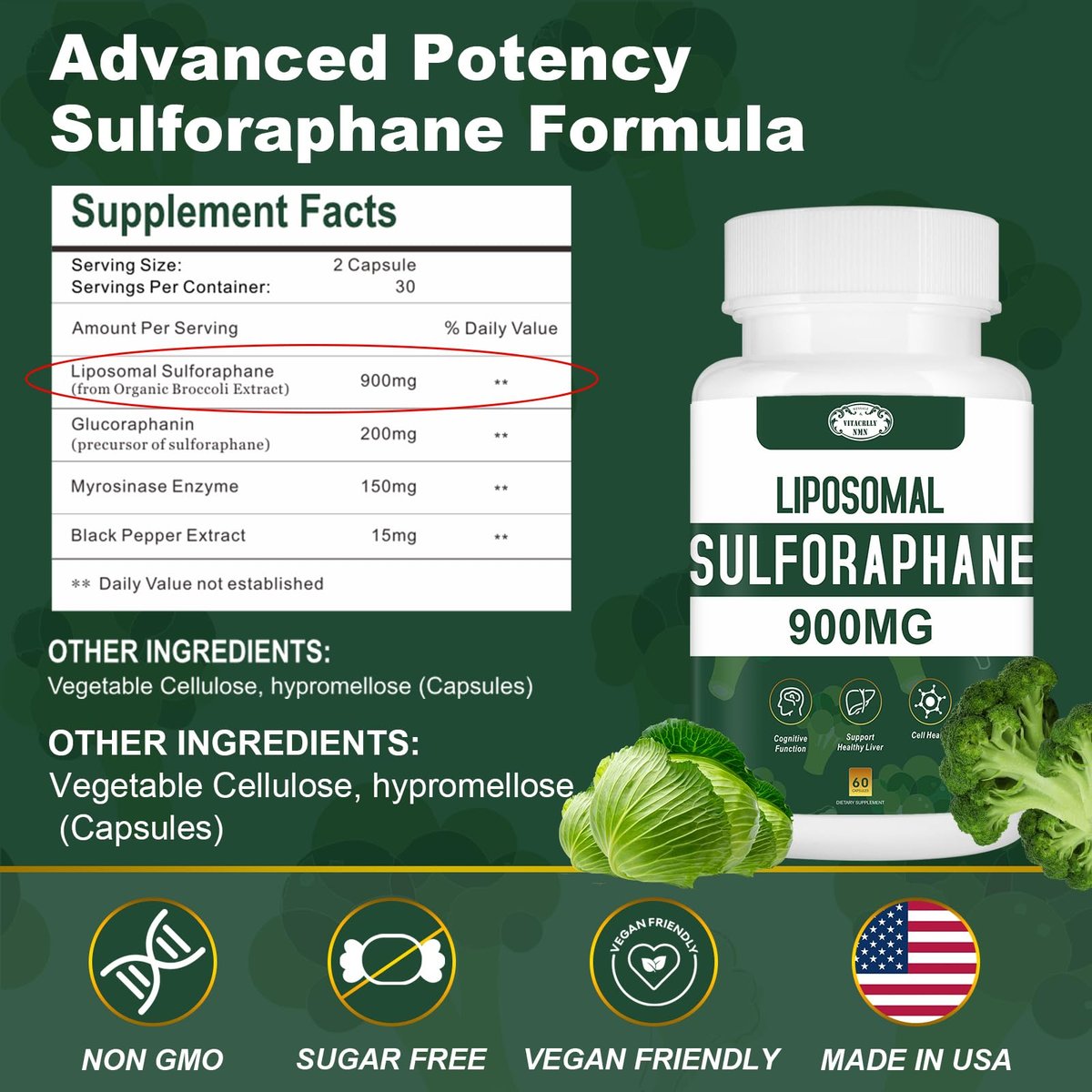 900 mg Liposomales Sulforaphan Präparat Brokkoli Extrakt – Antioxidans, Leberunterstützung, Verdauung, Zellgesundheit – 60 Kapseln