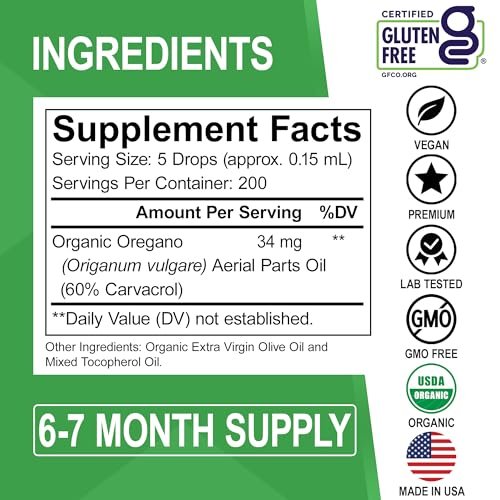 DR. BO Bio Oregano Öl Organische Tropfen - 6 Monate Vorrat, 30 ml - Vegane, Nicht-GMO Kräutertinktur zur Unterstützung von Immunsystem, Verdauung und Entgiftung