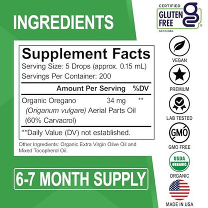 DR. BO Bio Oregano Öl Organische Tropfen - 6 Monate Vorrat, 30 ml - Vegane, Nicht-GMO Kräutertinktur zur Unterstützung von Immunsystem, Verdauung und Entgiftung