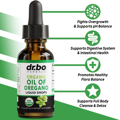 DR. BO Bio Oregano Öl Organische Tropfen - 6 Monate Vorrat, 30 ml - Vegane, Nicht-GMO Kräutertinktur zur Unterstützung von Immunsystem, Verdauung und Entgiftung