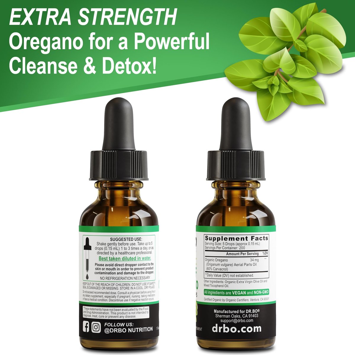 DR. BO Bio Oregano Öl Organische Tropfen - 6 Monate Vorrat, 30 ml - Vegane, Nicht-GMO Kräutertinktur zur Unterstützung von Immunsystem, Verdauung und Entgiftung