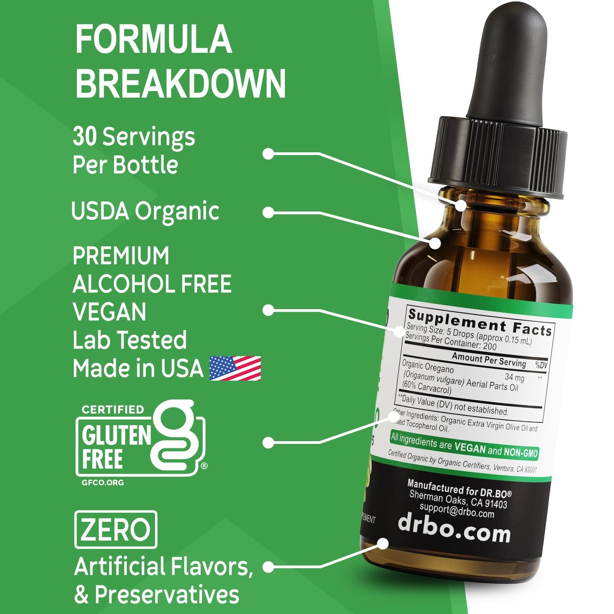 DR. BO Bio Oregano Öl Organische Tropfen - 6 Monate Vorrat, 30 ml - Vegane, Nicht-GMO Kräutertinktur zur Unterstützung von Immunsystem, Verdauung und Entgiftung