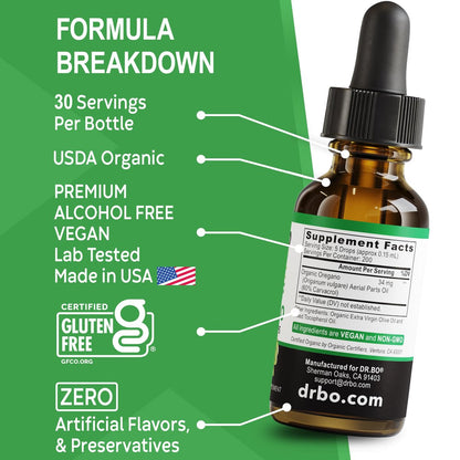 DR. BO Bio Oregano Öl Organische Tropfen - 6 Monate Vorrat, 30 ml - Vegane, Nicht-GMO Kräutertinktur zur Unterstützung von Immunsystem, Verdauung und Entgiftung