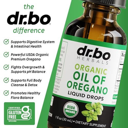 DR. BO Bio Oregano Öl Organische Tropfen - 6 Monate Vorrat, 30 ml - Vegane, Nicht-GMO Kräutertinktur zur Unterstützung von Immunsystem, Verdauung und Entgiftung