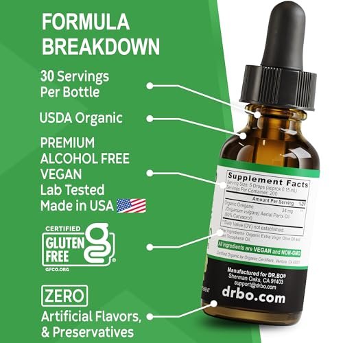 DR. BO Bio Oregano Öl Organische Tropfen - 6 Monate Vorrat, 30 ml - Vegane, Nicht-GMO Kräutertinktur zur Unterstützung von Immunsystem, Verdauung und Entgiftung