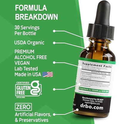 DR. BO Bio Oregano Öl Organische Tropfen - 6 Monate Vorrat, 30 ml - Vegane, Nicht-GMO Kräutertinktur zur Unterstützung von Immunsystem, Verdauung und Entgiftung