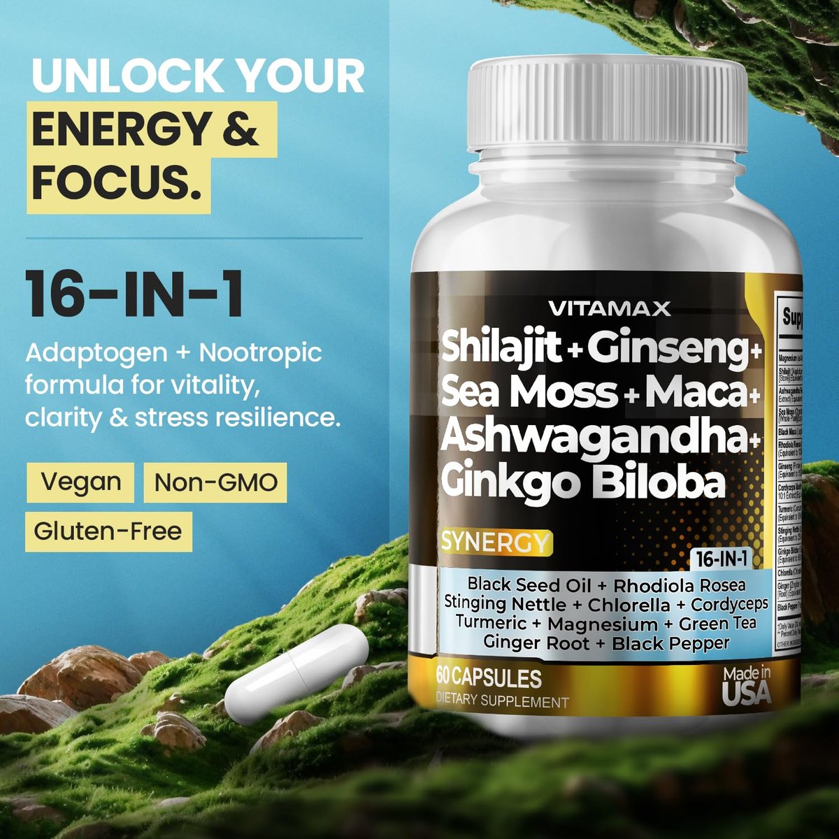 Vitamax Reines Himalaya-Shilajit-Präparat mit Ashwagandha, Seemoos, Rhodiola Rosea und Ginkgo Biloba – Fulvinsäure- und Spurenemineral-Kapseln für Männer und Frauen – Hergestellt in den USA